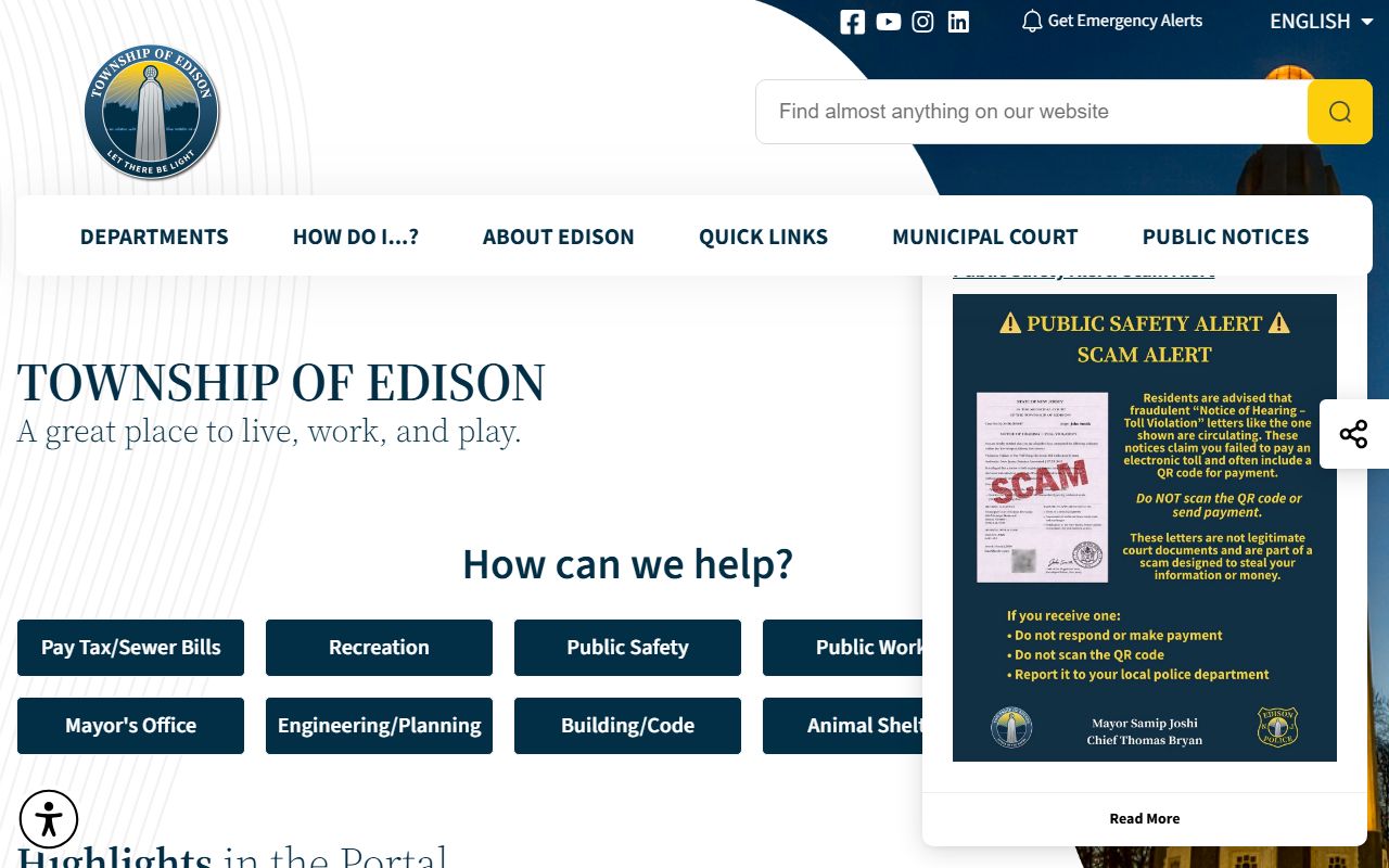 Edison Township government website for divorce decree information