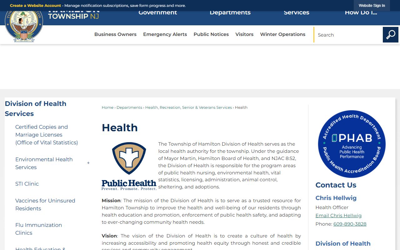 Hamilton Township Health Department page related to divorce decree records