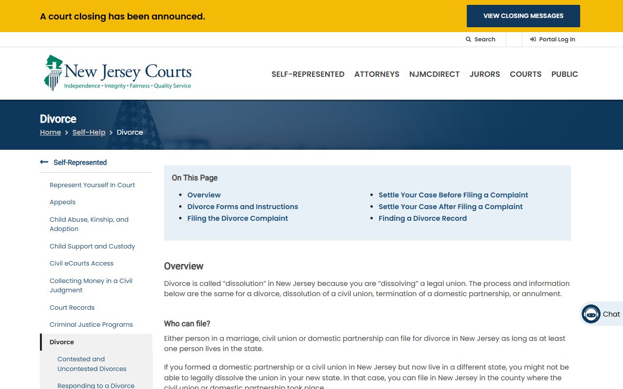 New Jersey Courts page showing divorce forms available