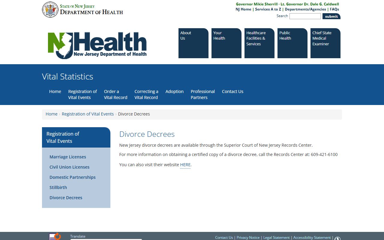 New Jersey Department of Health divorce decree certificate information for Bayonne